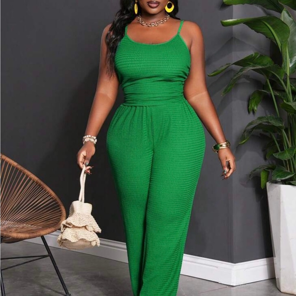 Vibrant Green Two Piece Sleeveless Wide-Leg Pants 1X